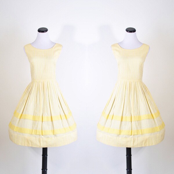 1950s Cotton Yellow Day Dress - Short Summer Dress - Yellow Bombshell Dress - Striped - Mad Men Dress - 1028