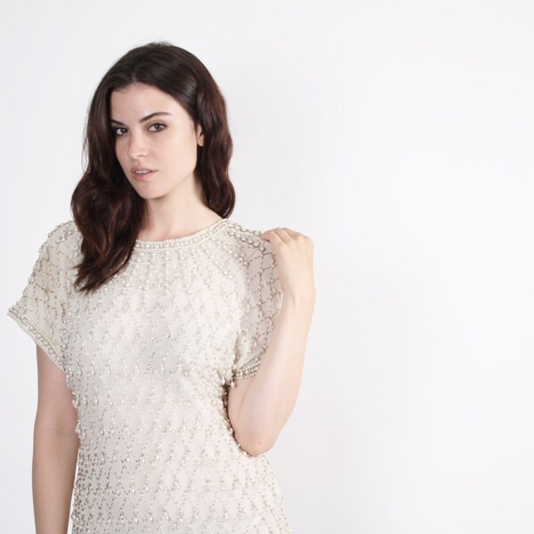 White Beaded Wedding Dress - Vintage Beaded Dress  - Short White Wedding Dresses - The Akoya Dress  - 7002