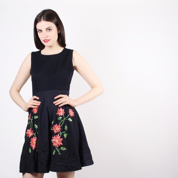 Vintage 1960s Cello Floral Embroidered Dress - 60s Black Dress - The  Midnight Bloom Dress  - 5016