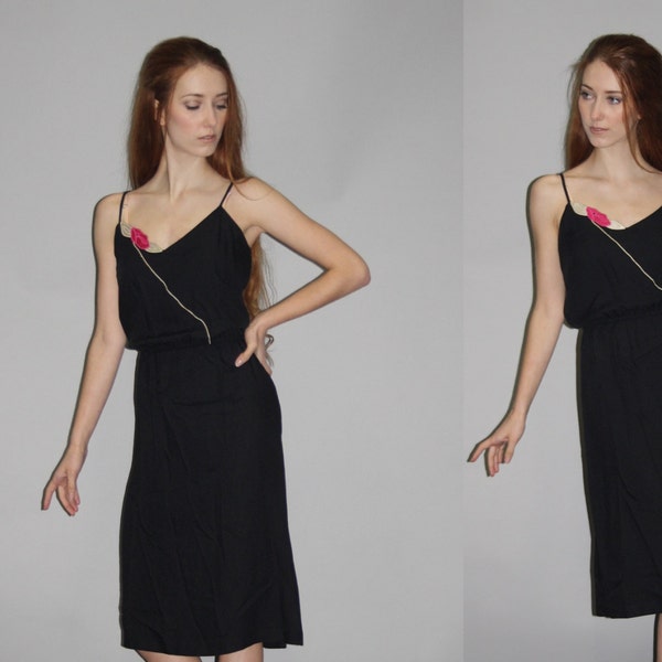 Vintage 1970s Rose Little Black Disco Dress - Vintage 70s LBD Dress   - WD0707
