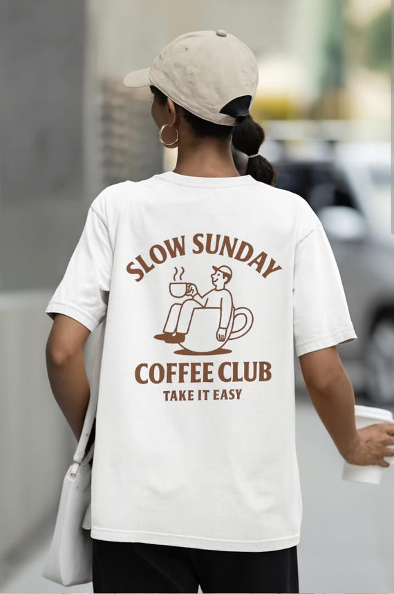 Slow Sunday Coffee Club T-Shirt - Unisex Gildan 5000 Tee in White, Sand, Yellow Haze, Light Pink - Cozy Relaxed Weekend Shirt