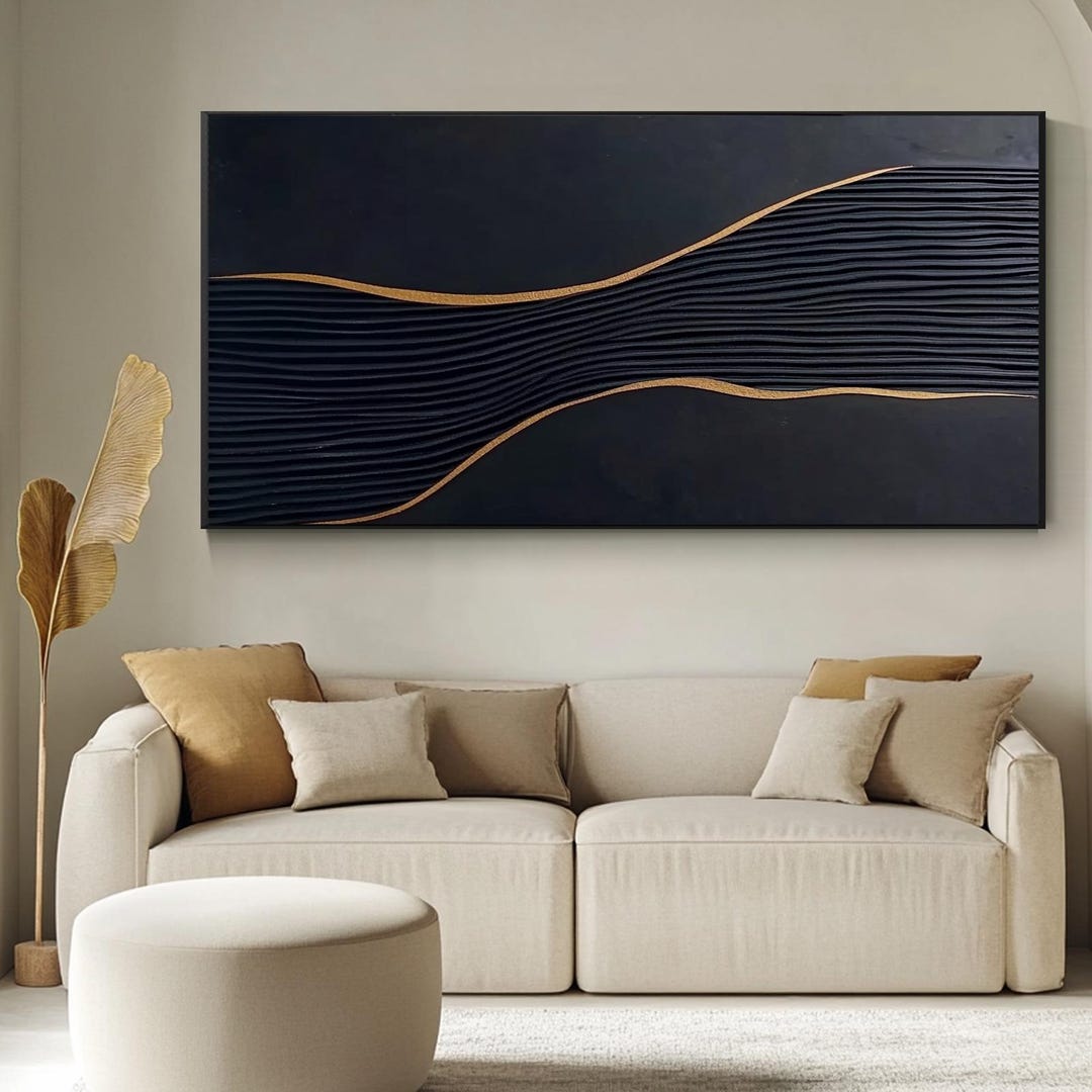 Large Black and Gold Abstract Wall Art, Modern Textured 3D Oil Painting ...
