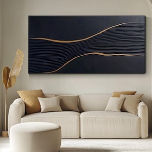 Large Black and Gold Abstract Wall Art, Modern Textured 3D Oil Painting on Canvas, Black Minimalist Luxury Artwork for Living Room or Office