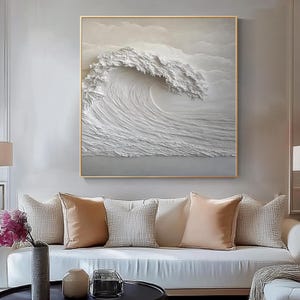 Large 3D Wave Oil Painting Wall Art, Textured Abstract Ocean Seascape on Canvas, Modern Neutral Coastal Wall Decor for Living Room or Office