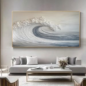 Hand Painted Ocean Wave Wall Art, Minimalist Textured Seascape Oil Painting on Canvas, Modern Coastal Abstract Wall Decor for Living Room