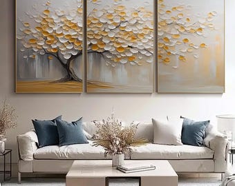 Abstract Tree Wall Art, 3 Piece Golden Leaves Oil Painting, Modern Canvas Triptych for Living Room Bedroom Elegant Home Decor
