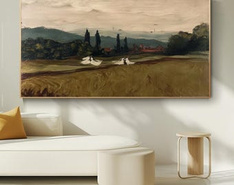 Pastorale Landschaft Ölgemälde, Vintage Style Landschaft Wandkunst, ruhige rustikale Leinwand mit Figuren in der Natur für Wohnzimmer Wanddekor