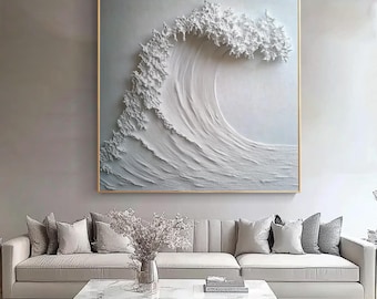 Minimalist White Great Wave Wall Art, 3D Ocean Texture Canvas, Modern Japandi Wall Decor Wabi Sabi Surf Painting, Large Neutral Wall Hanging