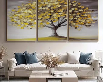 Golden Tree 3 Panel Wall Art, Luxury Modern Abstract Landscape Oil Painting Set, Hand-painted Textured Canvas Art for Living Room Wall Decor