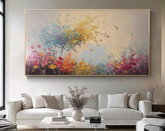 Colorful Abstract Floral Landscape Oil Painting, Flower Meadow Art, Vibrant Textured Wildflower Canvas Art for Modern Living Room Wall Decor