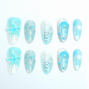 Baby Blue Ocean Theme Style Nails, Ocean-inspired Press On Nails, Marine Nail Set with Starfish Jellyfish Designs, Almond Nails, Custom Nail