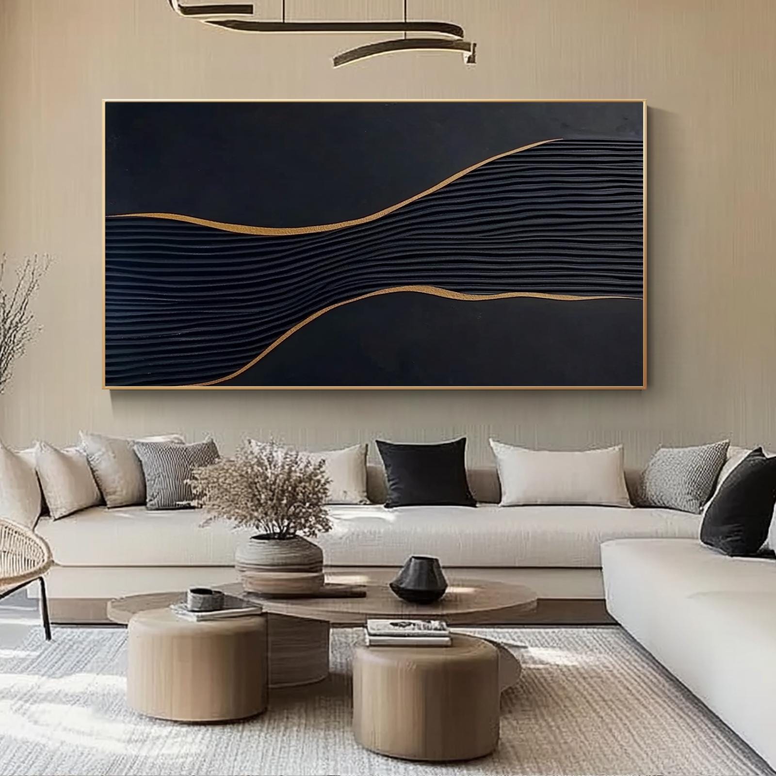 Large Black and Gold Abstract Wall Art, Modern Textured 3D Oil Painting