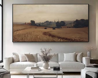 Golden Wheat Field Landscape Oil Painting – Peaceful Rustic Countryside Wall Art for Farmhouse, Living Room or Modern Minimalist Wall Decor