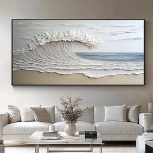 Large Abstract Ocean Wave Oil Painting – 3D Textured Coastal Wall Art on Canvas, Handmade Beach Seascape Artwork for Living Room Wall Decor