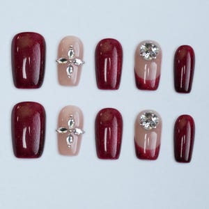 Bling Rhinestone Acrylic Nail/Wine Red Cat Eye Nails/Simple Coffin Nail Design/Handmade Press on Nail/Easy Minimalist Nail/Wedding Prom Nail
