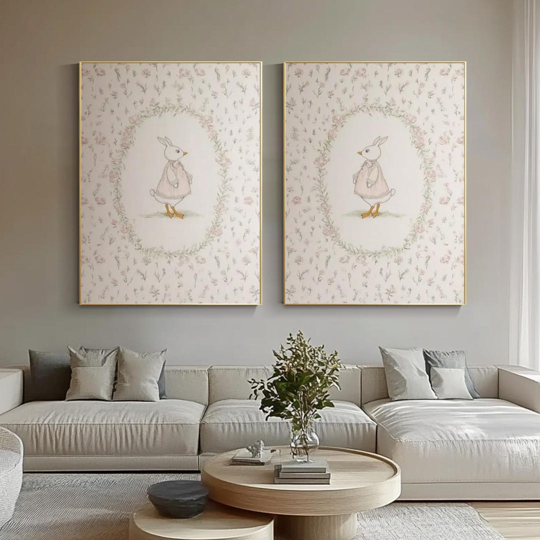 Hand Painted Bunny Wall Art Set Vintage Nursery Decor Soft Pastel ...