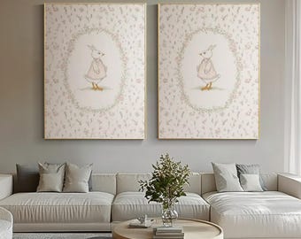 Hand Painted Bunny Wall Art Set Vintage Nursery Decor Soft Pastel Animal Illustration