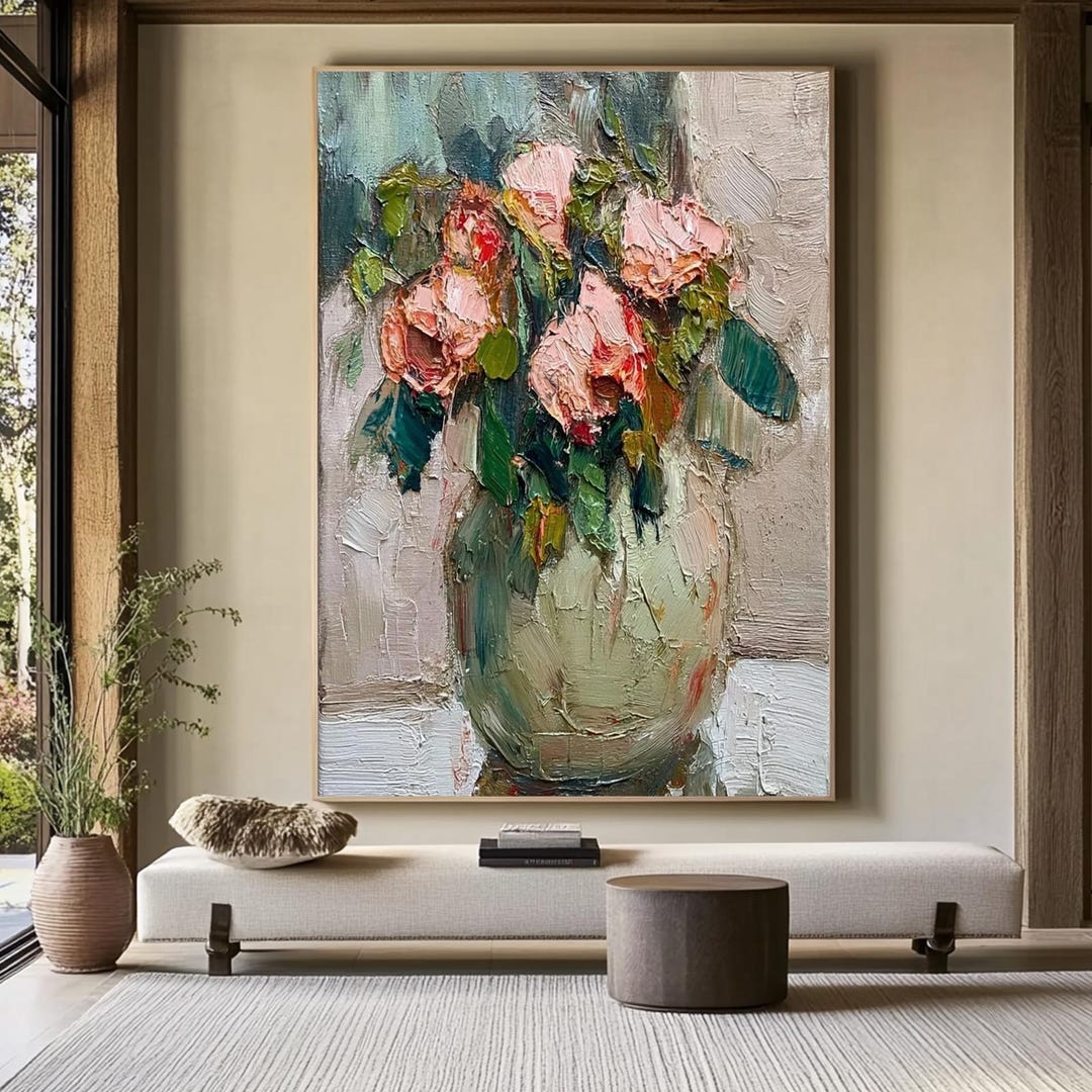 Romantic Pink Rose Bouquet Oil Painting – Textured Floral Still Life ...