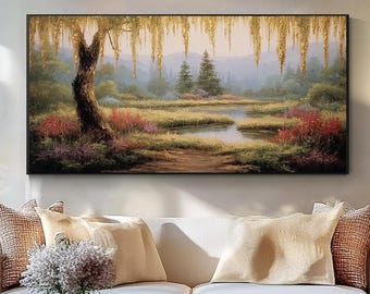 Dipinto ad olio raffigurante un paesaggio con salici dorati, lago sereno e natura, decorazione murale rustica per la casa.