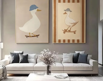 Cute Duck Oil Painting Set Skateboard Animal Wall Art Kids Room Decor Modern Minimal