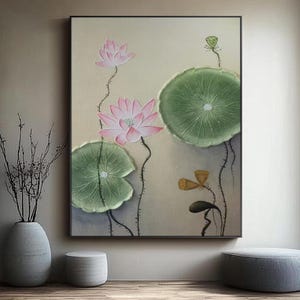 Lotus Flower and Leaf Oil Painting, Large Oriental Wall Art, Asian Nature Landscape Canvas, Zen Water Lily Floral Wall Decor for Living Room
