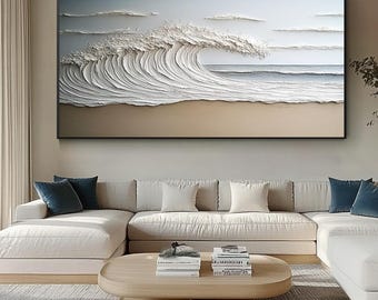 Hand Painted Ocean Wave Wall Art – Large Textured Oil Painting on Canvas, Coastal Beach House Wall Décor, Modern Abstract Seascape Artwork