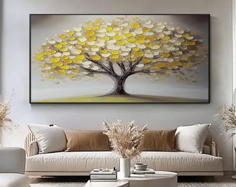 Textured Gold Tree Oil Painting on Canvas, Modern Abstract Wall Art, Hand-Painted Tree of Life, Neutral Wall Decor for Living Room / Bedroom