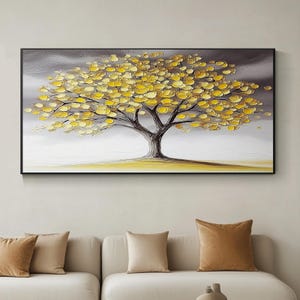 Textured Golden Tree Wall Art, Modern Abstract Landscape, 3D Palette Knife Acrylic Canvas Painting for Living Room, Office, Prosperity Décor