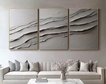 Neutral Textured Layered Abstract Oil Painting Set of 3 Minimalist Modern Canvas Wall Decor