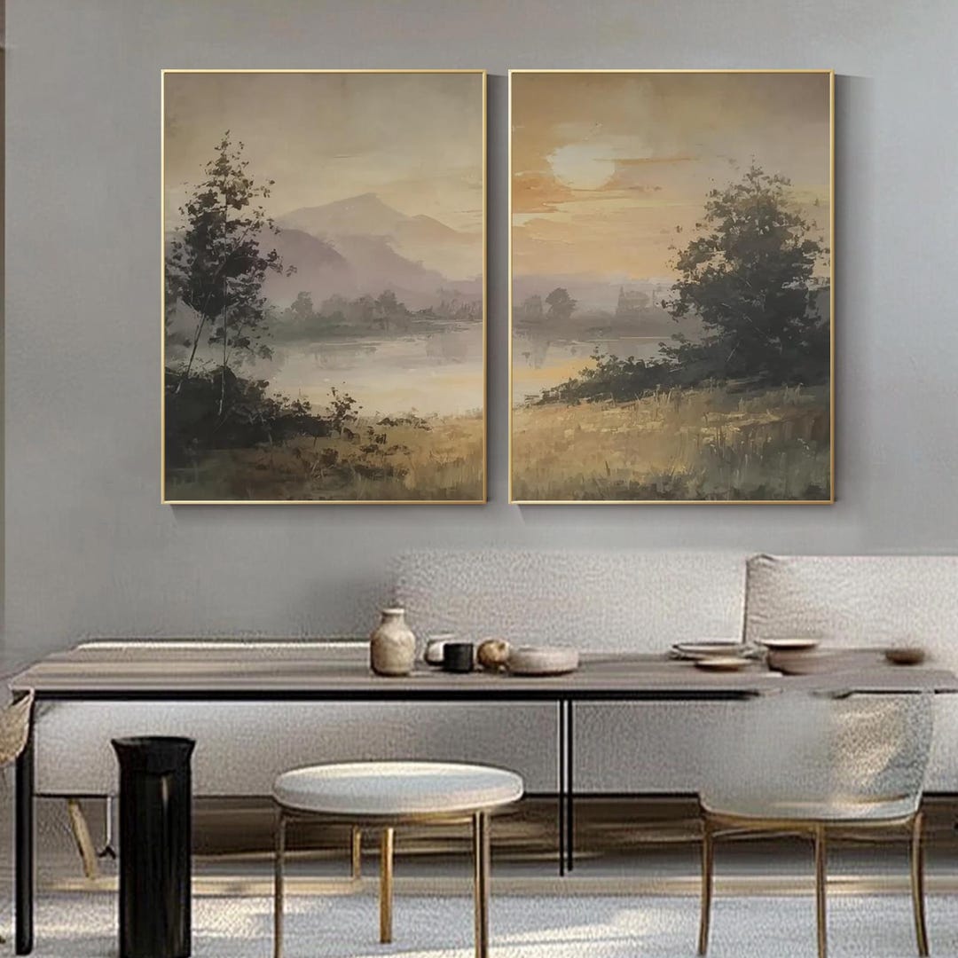 Hand-painted Serene Landscape Oil Painting Set of 2 Nature Wall Art ...