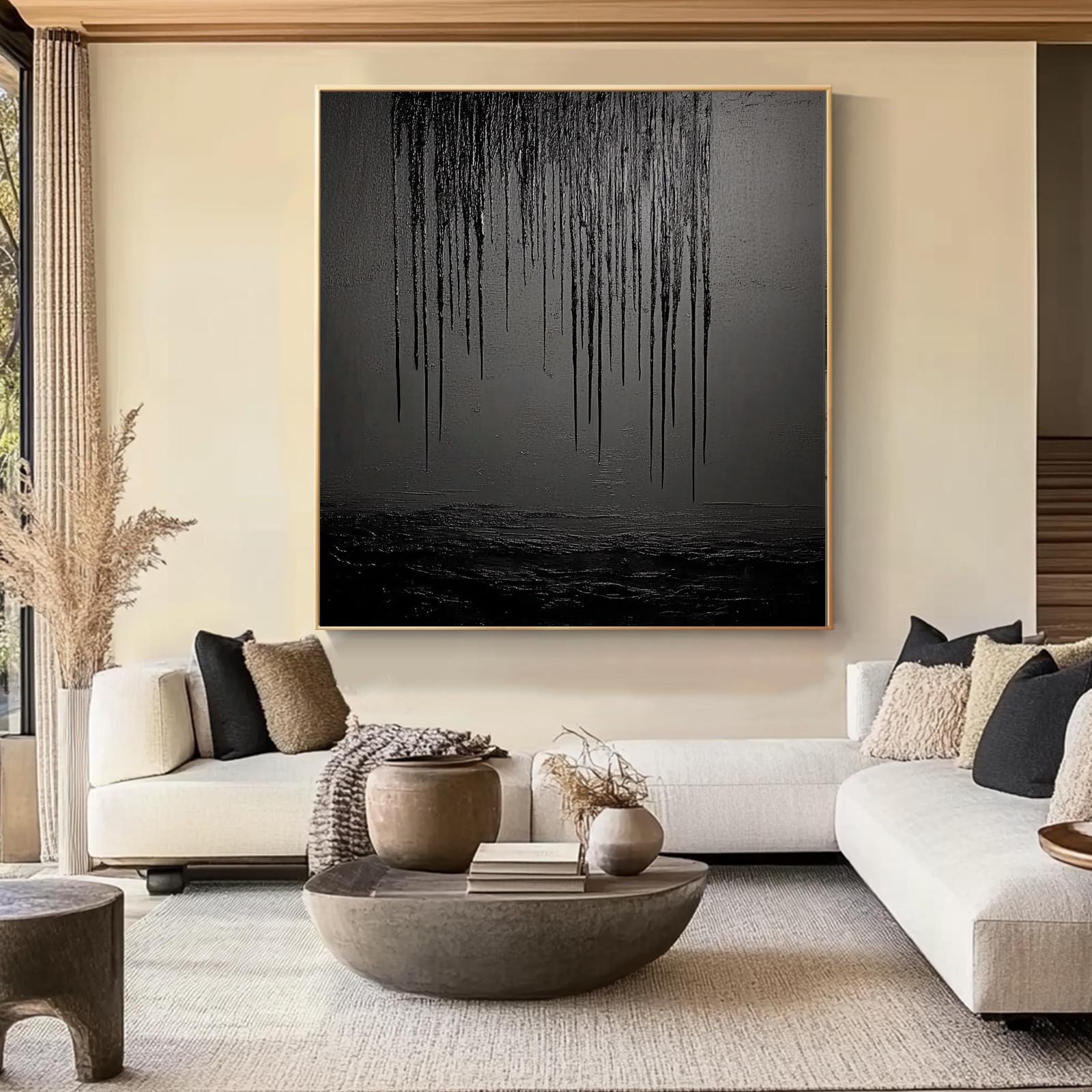 Large Black Abstract Painting on Canvas, Luxury Minimalist Modern Wall ...