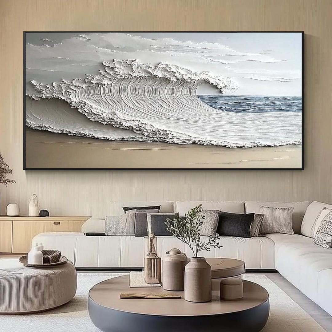 Large Textured Ocean Wave Wall Art – Modern Neutral Coastal Oil