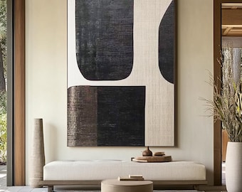 Large Abstract Black and Beige Wall Art on Canvas – Modern Minimalist Textured Painting, Oversized Geometric Artwork for Living Room Decor