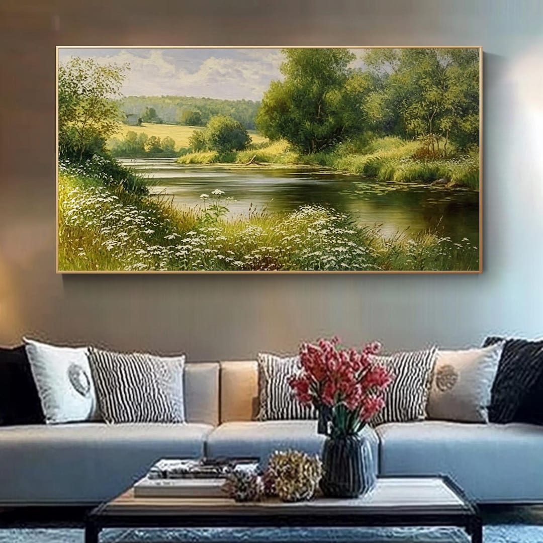 Hand Painted River Landscape Wall Art Large Horizontal Nature Scenery ...