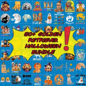 50+ Golden Retriever Halloween Png Bundle, Cute Dog Halloween Costume Png, Spooky Puppy Clipart, Funny Pet Digital Download