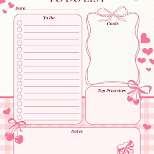 以下が含まれることがあります： TO DO LIST、Date、To Do、Goals、Top Priorities、Notesの文字が書かれたピンクと白のToDoリストプランナーページ。ピンクのハート、リボン付きのサクランボのイラスト、ケーキのグラフィックがチェック柄の背景にデザインされています。