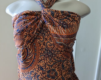 Rare Vintage 1940s 1950s Batik Summer Cotton Multiple Styled Halter Dress Metal Zipper Sash Waist 27-28" Claire McCardell Inspired