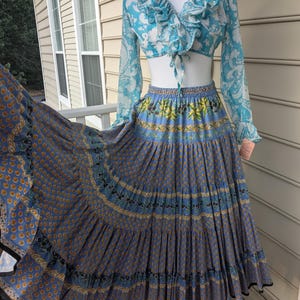 1970s French Label Traditional French Country Floral Print Hippie Full Tiered Skirt Bohemian Cotton Elastic Waist Skirt