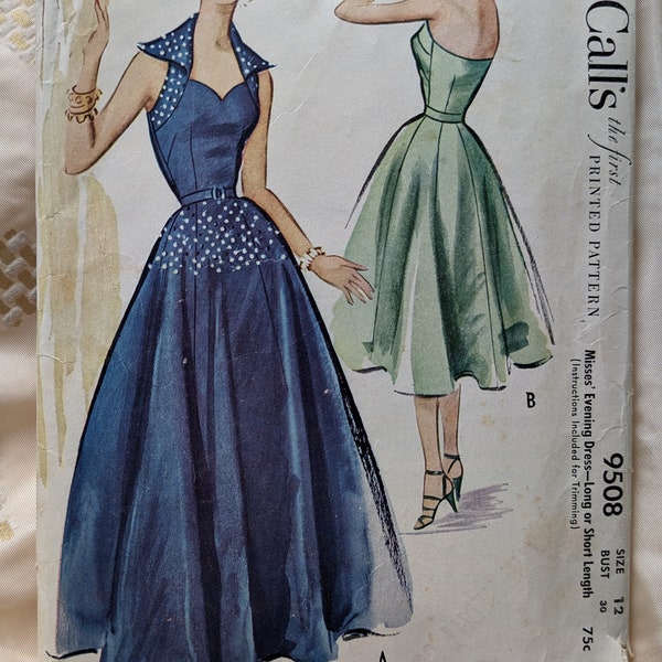 Vintage 1953 McCalls Sewing Pattern 9508 Halter Style Casual / Evening Dress Size 30 - 38 Bust Sewing Project Shantung Taffeta Satin Velvet