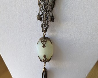 Vintage Jan Michaels San Fransisco Antique Style Necklace Jadeite Pendant Brass Bronze Filigree Jewelry Design Gift