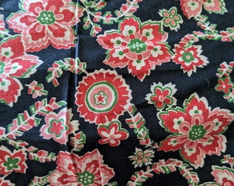 Vintage 1940s Cotton Fabric Red Pink Green Novelty Flowers Quilting Apparel Sewing Project 35&quot; Width