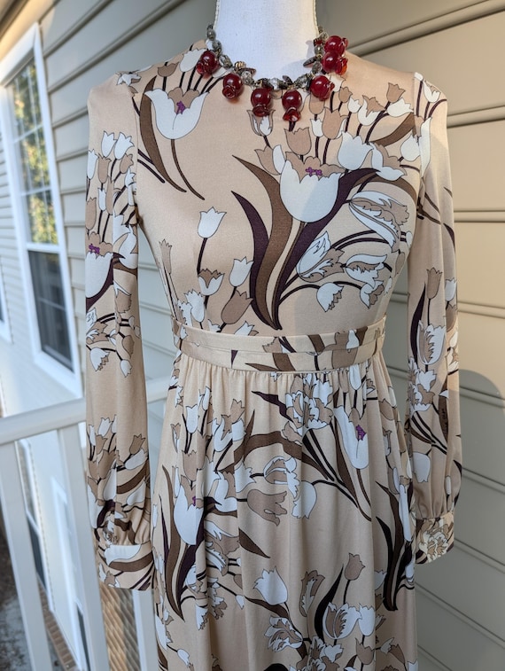 Rare 1970s Designer Hanae Mori Tulip Print Jersey Knit Dress, Size S