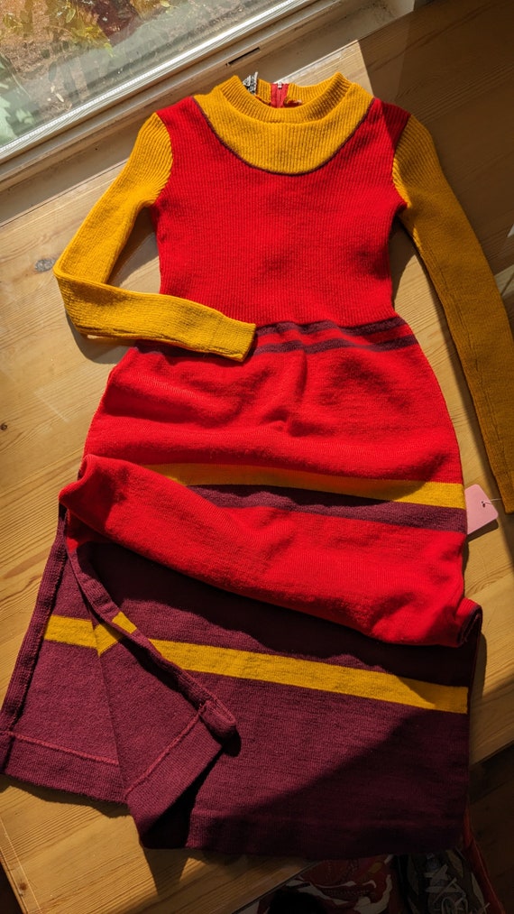 Rare 1970s Red Yellow Burgundy Midi  Sweater Dress