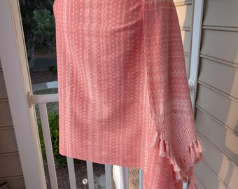 Vintage Women's 1970s Pinkish Coral Ethnic Print Rectangular Shawl Wrap 82 x 28
