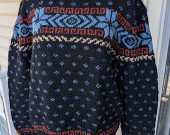 Vintage 1960s Nordic Pullover Wool Sweater Christmas Snowflake Adult Sweater Size L