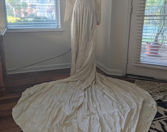 1930s Victorian Style Wedding Gown: Empire Waist Jacquard Dress, Mutton Sleeves, 11' Train, XS