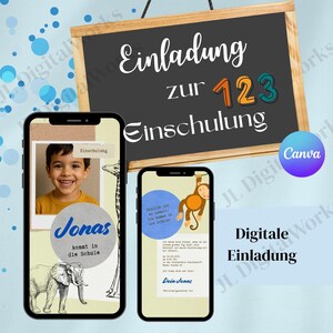 Digitale Einladung Einschulung Junge, personalisierbare Einladungskarte zur Einschulung, Einladung Einschulung Tiere, eCard Schulanfang