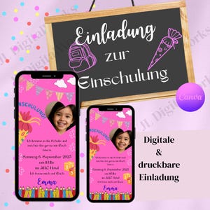 Digitale Einladung zur Einschulung Mädchen rosa, personalisierte Einladung zur Einschulung, Einladungskarte zum drucken, Whatsapp Einladung