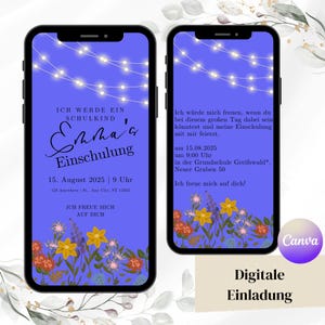 Digitale Einladung Einschulung Junge Mädchen, personalisierbare Einladungskarte zur Einschulung, WhatsApp Einladung Schulanfang, eCard Blume