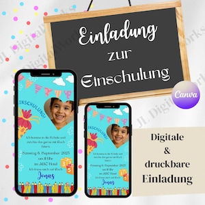 Digitale Einladungskarte zur Einschulung, personalisierte Einladungskarte zur Einschulung, Einladungskarte zum drucken, eCard Schulanfang